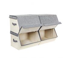 SONGMICS Lot de 4 BoÎtes de Rangement Empilables, avec Couvercle MagnÉtique Relevable, Bacs en Tissu avec Cadre MÉtallique et PoignÉes LatÉrales 38 x 26, 5 35 x 25 cm Gris et Beige RLB04GE