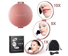 Magicfly Miroir de Poche Maquillage Lumineux LED 3 Faces Grossissant x1 x 5 x10 Miroir à main Portable et Pliable pour Voyage Anniversaire Noël Cadeau pour Fille Femme (Rose)
