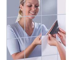 Lot de 16 autocollants muraux carrés en plastique souple et carrés pour miroir en verre Argenté 15 x 15 cm