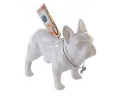 Tirelire chien Bouledogue Français, position debout, en céramique blanche, L17cm