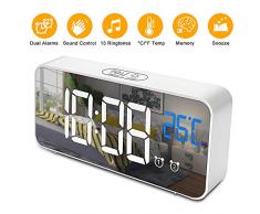 Réveil Numérique, opamoo Réveil Digital Horloge 13 musiques Contrôle Sonore 4 Luminosité Réglable LED Réveil Électronique avec Fonction Snooze, 2 Alarmes, Rechargeable par USB Miroir Réveil (Blanc)