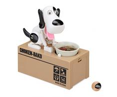 Relaxdays Tirelire Chien Qui Mange, Piles Enfants dès 6 Ans Cochon économies, HxlxP: 16 x 16,5 x 8 cm, Blanc-Noir