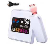WSDSYZD Pendules et horloges Réveil à Projection avec Station météo Thermomètre Affichage de la Date Horloge numérique Chargeur USB Snooze Projection LED