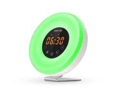 Lampe de Réveil, LED Tactile Et FM Radio, OMOTON Lampe de Chevet Avec 6 Sons Naturel Et 7 Changement De Couleurs, Éveil Lumière Simulateur dAube, Horloge Alarme Snooze, Cadeau Idéal