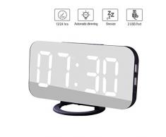 EVILTO Réveil Numérique LED Miroir, LED Réveil Numérique USB Horlogue Numerique Digital & Fonction Snooze, Miroir Maquillage Luminosité Réglable Smart Puissance de Mobile pour Maison, Voyage