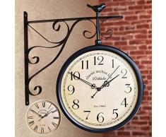 Horloge de Gare Rétro Double Face Pendule Murale pour Intérieur & Extérieur Décorative Cadre en Fer,C
