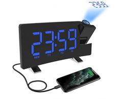 Radio Réveil à Projection, Réveil Projection Plafond 180°, Horloge Numérique FM USB avec Double Alarmes, Snooze, Minuteur de Mise en Veille, 12/24h, Grand écran LED avec Gradateur (Bleu)