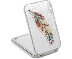 styleBREAKER Miroir de poche rectangulaire avec une plume brodée de strass, des perles et une chaîne, grossissant 1x / 3x, miroir compact de poche, pliant, 2 faces 05070007, couleur:Argent métallique