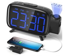 ELEHOT Réveil Projection Plafond Radio Reveil Projecteur 180° Horloge Numérique Gros Chiffres Fonction Snooze Radio FM 12/24H (Affichage Bleu)