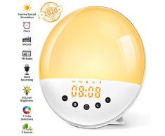 Eveil Lumière LED Lampe de Chevet Fonction dEnregistrement Réveil Lumière 30 Niveaux de Luminosité Simulateur dAube et Crépuscule Lampe Réveil avec 8 Sons Naturels Fonction Snooze 7 Couleurs