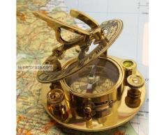fascinante Horloge cadran solaire en laiton massif avec encart Boussole et plume gravé. 7,6 cm