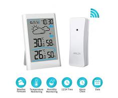 Ray Cue Station météo sans Fil, Radio météo numérique avec sonde extérieure, thermomètre numérique hygromètre Humidité ambiante extérieure avec prévisions météo, Horloge, Alarme et veilleuse (White)