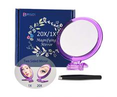 Miroir grossissant 20X, miroir double face, grossissement 20X/1X, miroir de makeup pliable avec support de poche, pour maquillage, pince à poils et points noirs/taches. (Violet)