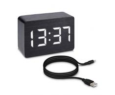 kwmobile Réveil Bois LED - Horloge Digitale Aspect Bois - Réveil Matin Tactile avec Fonction Date Heure Température - Rectangle Noir et LED Blanc