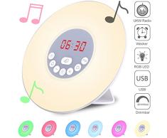 Radio réveil tactile avec lumière LED Simulateur daube Réveil lumineux 6 couleurs, 6 sons naturels, réveil et coucher en douceur