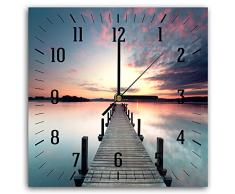 Feeby, Horloge Murale, Tableau Horloge Déco Panel, 30x30 cm, PASSERELLE, LAC, Coucher du Soleil, Eau, Vue, Panorama, Violet, Marron