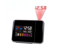 Yokimico Réveil Projecteur Numérique Réveil à Projection avec Alarmes Horloge Electronique LED Prévision Météorologique, Fonction Snooze, Thermomètre, Hygromètre