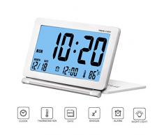 Petit Réveil de Voyage Pliable Rétro-éclairage, CESHUMD Horloge Digital Silencieux Écran LCD avec Date Température Affichage avec Pouch en Cuir Pu (AVEC Rétro-éclairage)