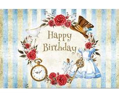 HD 7x5ft Happy Birthday Photography Backdrop Gold and Blue Stripe Background Red Rose White Cup Horologe Magic Wand Princess Robe Children Baby Girl Birthday Portrait Photoshoot Studio Props