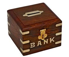Shalinindia Tirelire carrée en Bois - Bank - Ouverture et Fermeture Facile - idée Cadeau Noel
