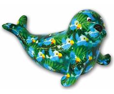 Frite Pidou - Tirelire Chien de mer Robby avec perroquets animaux colorés en céramique (vert)