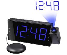 Réveil Projection, Réveil Vibrant Numérique avec Affichage LED 7, Modes Double Alarme, 12/24H, Gradateur à 3 Niveaux, Volume Dalarme Réglable, Snooze, Port de Charge USB pour Les Chambres
