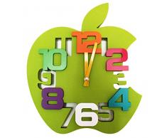 Minuteur pilotée design 3D horloge murale radiocontrolée décoration murale pour chambre denfant en forme de pomme, Plastique, vert, 30 x 35 x 2 cm