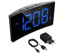 PICTEK Réveil Matin, Horloge Numérique 13cm LED Ecran Incurvé, Horloge Digitale avec 3 Sons dAlarme, 6 Luminosité Variable et 2 Volume Ajustable, Opération Simple, Fonction Snooze