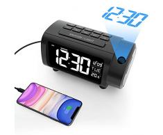 Radio Réveil à Projection, Liorque Horloges à Projection 180° Reveil Projecteur FM avec Alarme, Grand Affichage VA, 4 Niveaux de Luminosité de lécran, Numérique USB, Fonction Snooze, 12/24H