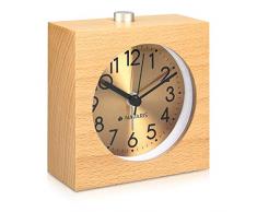 Navaris Réveil analogique en Bois - Horloge à Aiguilles Classique avec Fonctions Heure Alarme Snooze lumière - Cadran doré - Bois Clair