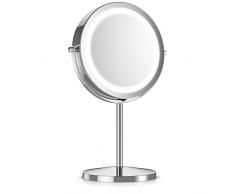 Navaris Miroir Cosmétique Lumière LED - Miroir à Pied 2 Faces Normal/Grossissant x5 - Miroir Rond Lumineux pour Maquillage Rasage - Rotatif 360°