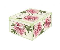 Kanguru Boîte de rangement en carton recyclable Peonia / Pivoines, pour ranger vêtements, armoire, joutes, vert/rose MEDIUM dimension 42 x 32 x 17,5 cm