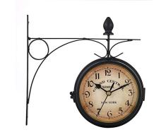 EZIZB Horloge de Gare Rétro, Horloge Murale Double Cadran avec Potence de Fixation Pendule Double Face pour L’intérieur et L’extérieur Maison Jardin Cuisine Cour Séjour