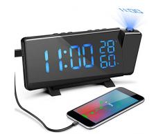 Laelr Réveil à Projection, Radio-réveil FM Numérique à Luminosité Réglable, avec Double Alarme, Veille, Température, Hygromètre, Chevet avec Horloge 12/24H et Double Port USB