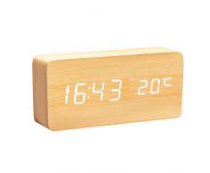 Lanker Horloge Numérique en Bois - Réveil à LED Multifonctions avec Affichage De Lheure/De La Date/De La Température Et Commande Vocale pour Le Voyage à Domicile - AC11Yellow_White