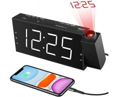 Reveil Projection Plafond,Réveil Numérique avec Connexion USB, Grand écran LED 7,4 Luminosités Réglables,Prise en Charge AC et Batterie pour Chambres,Cuisines, Enfants (Horloge de Projection Rouge)