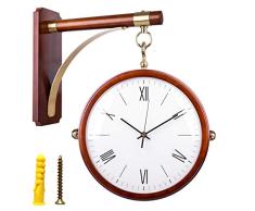 TETAKE Horloge de Gare, Vintage Pendule Gare Double Face, Exterieur Horloge Style de Antique Européen, en Bois, Silencieuse, Cadran en Verre, 39 x 42 x 10cm