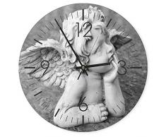 Feeby, Horloge Murale, Multicolore, Tableau Horloge Déco Panel, diamètre 40 cm, Ange, Sculpture, Noir ET Blanc