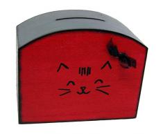 Tirelire avec tête de chat Kawaii rouge et grise - Tirelire en bois peint pour pièces et billets avec tête de chat - Tirelire avec ouverture