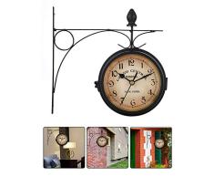 CARTEY Horloge De Gare Rétro, Horloge Murale Double Cadran avec Potence De Fixation Pendule Double Face pour L’intérieur Et L’extérieur Maison Jardin Cuisine Cour Séjour