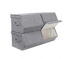 SONGMICS RLB04GY Lot de 4 boîtes de Rangement avec Couvercle à Rabat aimanté avec revêtement en Tissu, Cadre en métal et poignées latérales