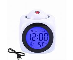 Reveil Projecteur Plafond, KKmoon Reveil Projecteur Plafond Cube, Horloge de Projection Multifonctionnelle Led Rétro-éclairage Coloré Réveil électronique Rapport Vocal avec Fonction Thermo Snooze