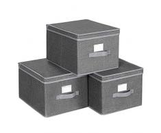 SONGMICS Lot de 3 Boîtes de Rangement avec Couvercle, Cube en Tissu avec Porte-étiquettes, Organiseur de rangement, 40 x 30 x 25 cm Gris fumé RYFB03G