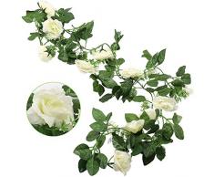 Lot de 2 guirlandes de Roses artificielles avec 10 têtes - Simulation de Feuilles Vertes en Soie Rouge - Décoration Romantique pour la Maison, Le Jardin, Les fêtes de Mariage