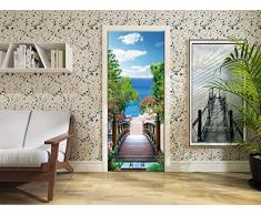 FLFK Pont de Bois Paysages de Bord de mer Autocollant Porte Affiche 3D pour Cuisine Chambre Salle de Bain Auto-adhésif Amovible Murale Décoration 77X200cm