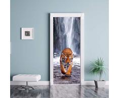 JIAOYK 3D Sticker de Porte Trompe loeil Tigre PVC Imperméable Vinyle Mural Amovible Poster ScèNe pour Chambre Salle de Bain Cuisine Décoration 77x200cm