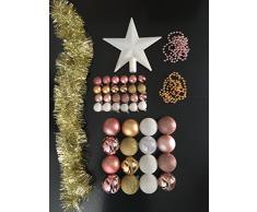 Lot déco Noël - Kit 44 pièces pour décoration sapin : Guirlandes, Boules et Cimier - Thème couleur : Blanc, Rose Clair et Or