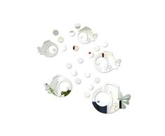 VORCOOL Sticker Mural Acrylique 3D Poisson et Bulles Autocollants Miroir pour Chambre Salon Salle de Bain décoration Argent