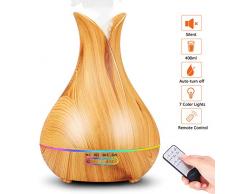 PEYOU Diffuseur dHuiles Essentielles 400ml,Ultrasonique Humidificateur-Avec Télécommande,7-Couleurs Changeante,automatique sans eau,4 fonctions de minuterie pour maison,bureau,yoga,spa (Brun Clair)