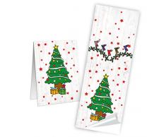 25 petits Marron Sac à fond Bloc avec fenêtre et tapis de parchemin (7 x 4 x 20,5 cm) + 25 autocollants vert blanc rouge Noël Arbre (5 x 15 cm) emballage cadeaux de Noël de Croix Sac à fond de Give Away